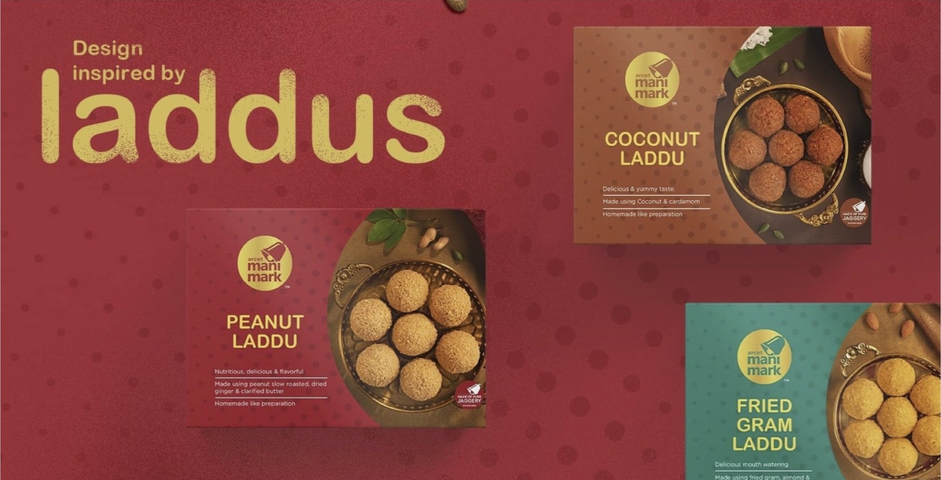 Arcot ManiMark brand identity and laddus packaging