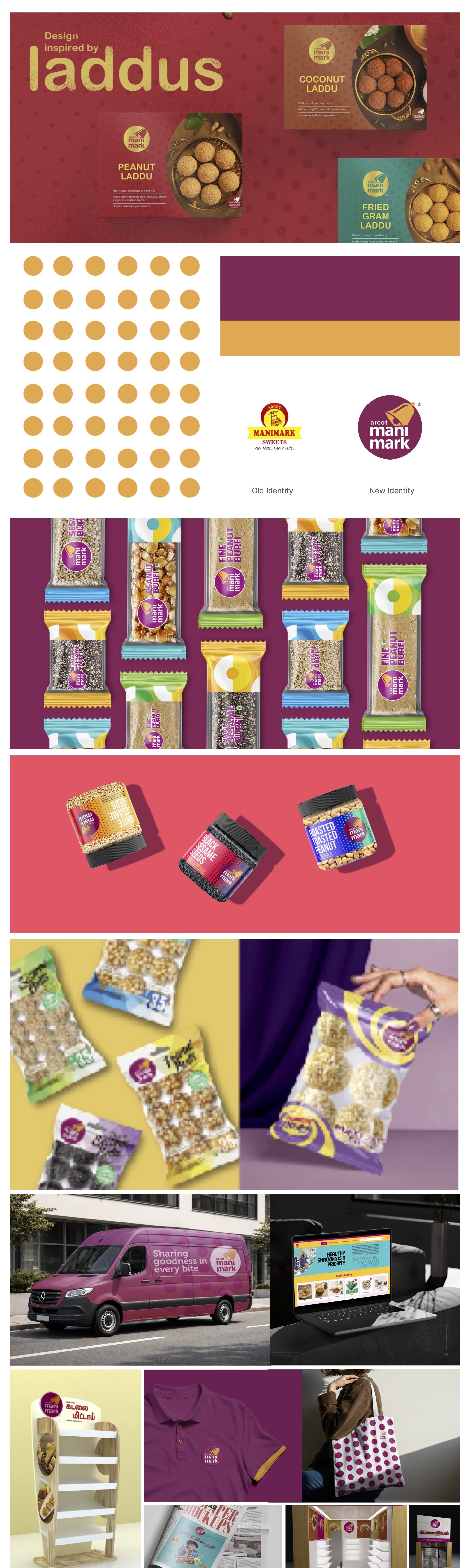 Arcot ManiMark identity, laddus, chikki packaging, retail and digital applications