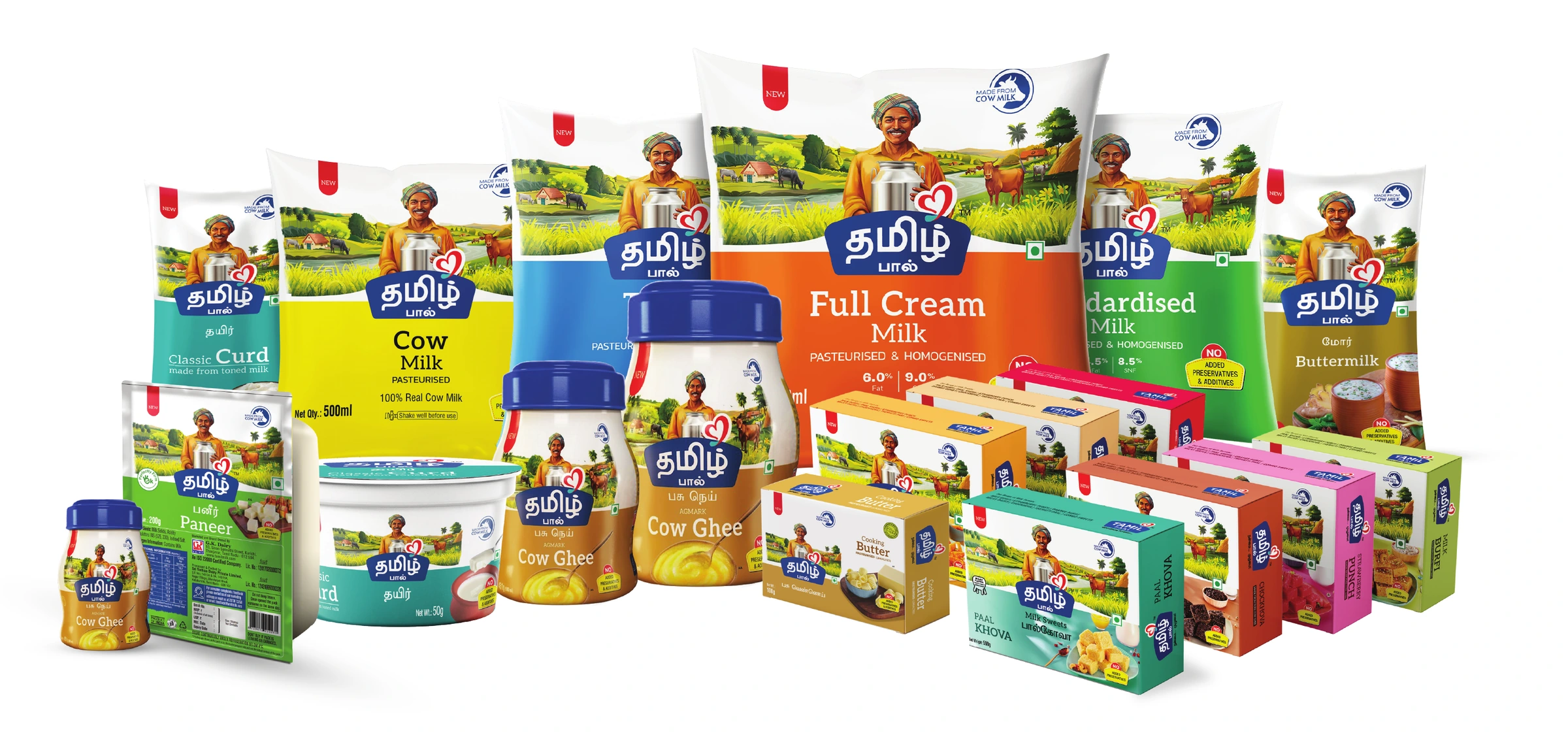 Tamil Paal product packaging family across milk and value-added dairy products